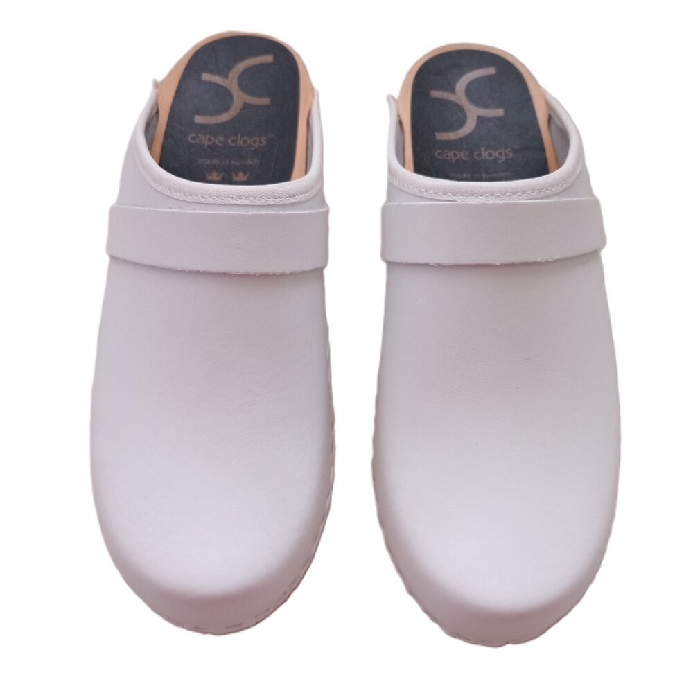 Swedish Cape Clogs White Leather Wooden Mules Shoes Slip On Stylish Size US 6.5